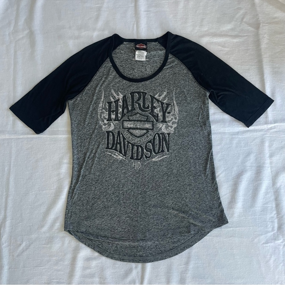Harley-Davidson Morgan Hill, CA Womens L Black and Gray Logo Tee quarter sleeve